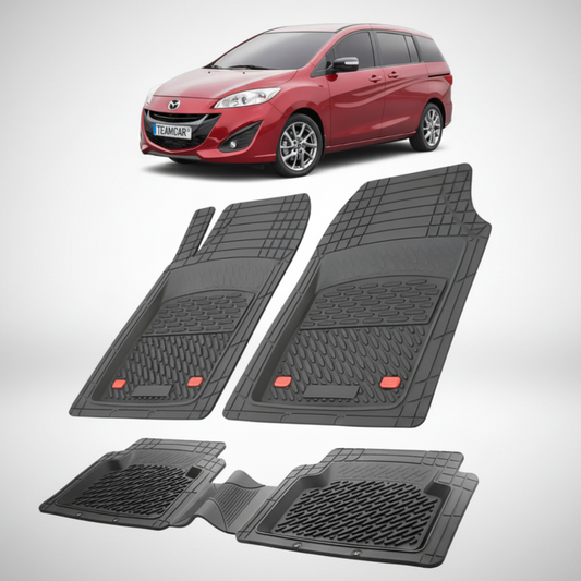set de covorase din cauciuc negre cu o mazda 5 generatia 2 rosie in fundal