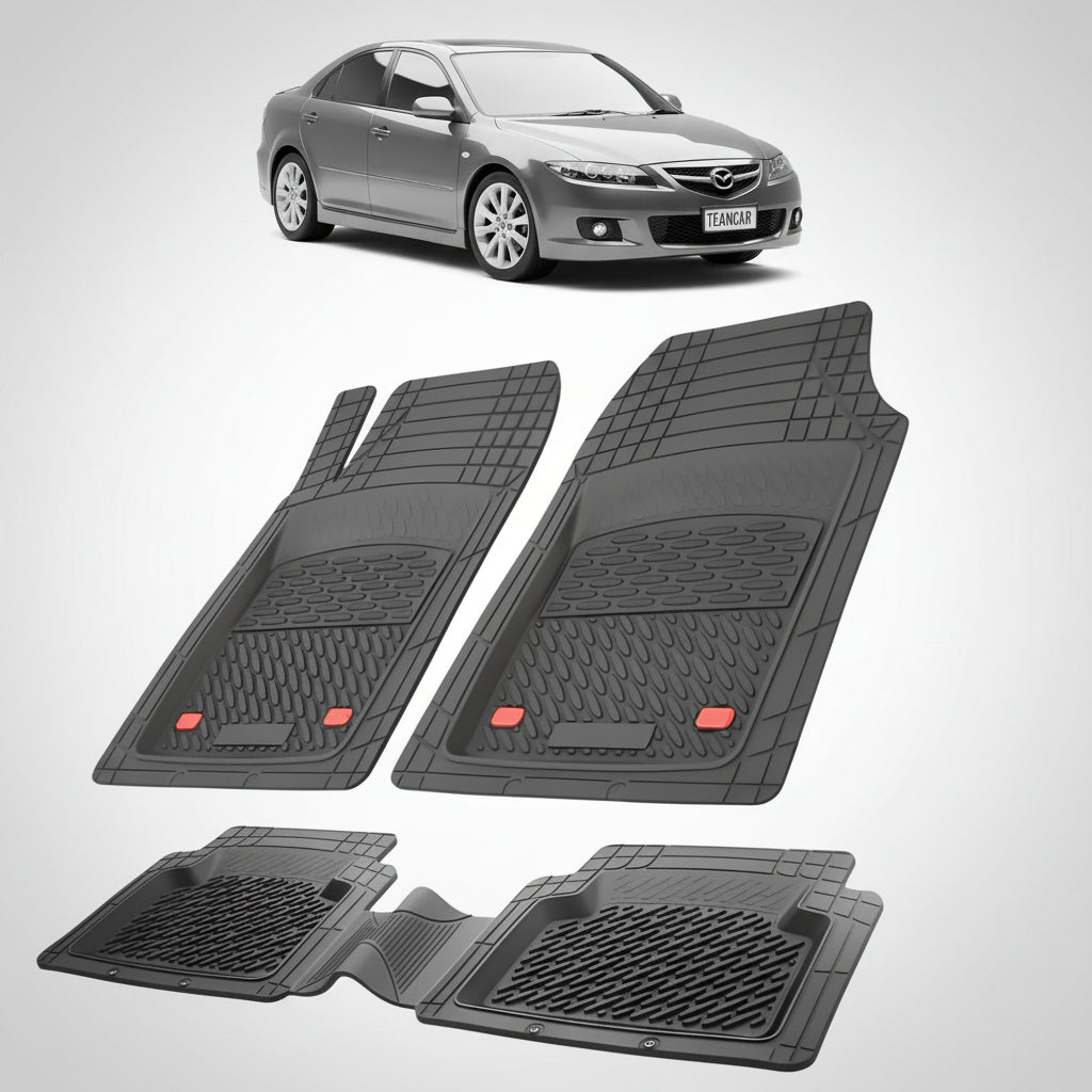 set de covorase din cauciuc negre cu o mazda 6 gg facelift hatchback 5 usi gri inchis in fundal