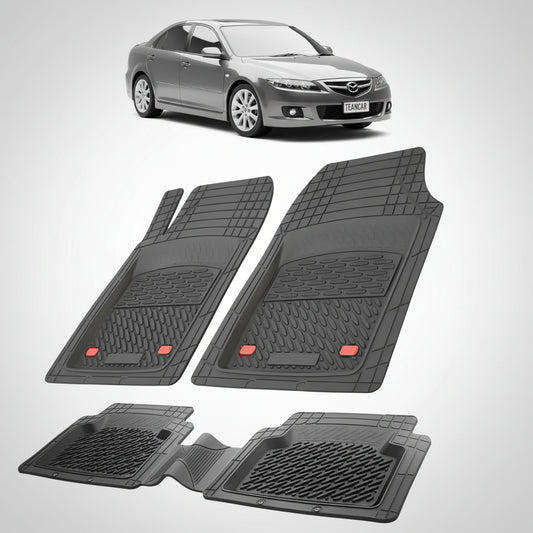 set de covorase din cauciuc negre cu o mazda 6 gg facelift hatchback 5 usi gri inchis in fundal