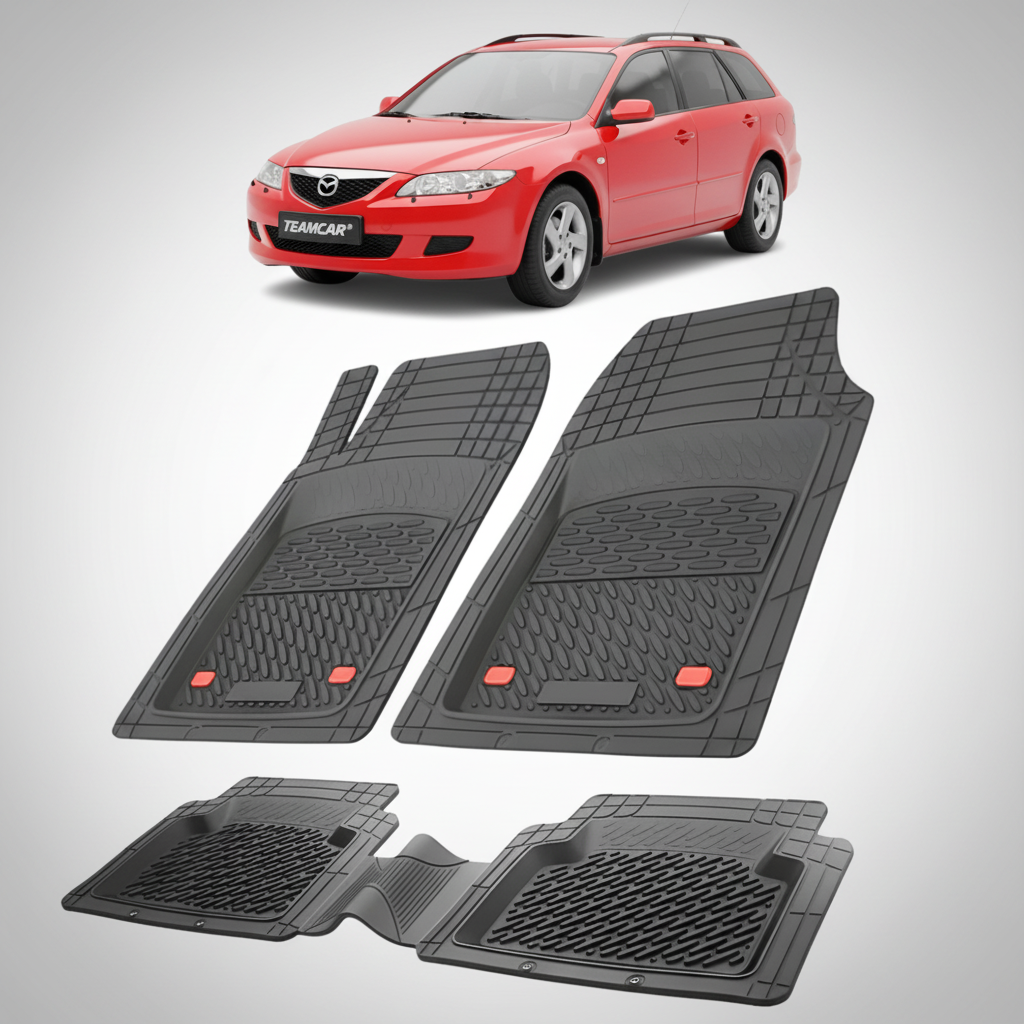 set de covorase din cauciuc negre cu o mazda 6 gg/gy combi rosu in fundal