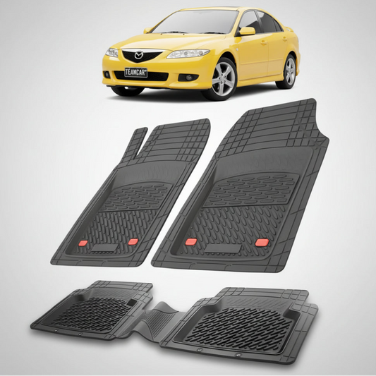set de covorase din cauciuc negre cu o mazda 6 gg hatchback 5 usi galbena in fundal