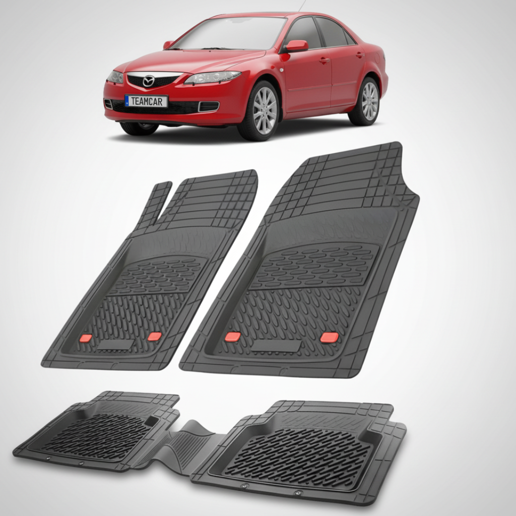 set de covorase din cauciuc negre cu o mazda 6 gg/gy sedan rosu in fundal