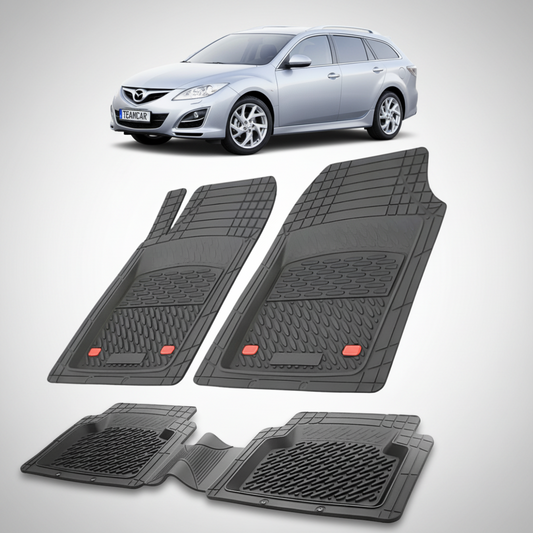 set de covorase din cauciuc negre cu o mazda 6 gh combi gri albastrui deschis in fundal