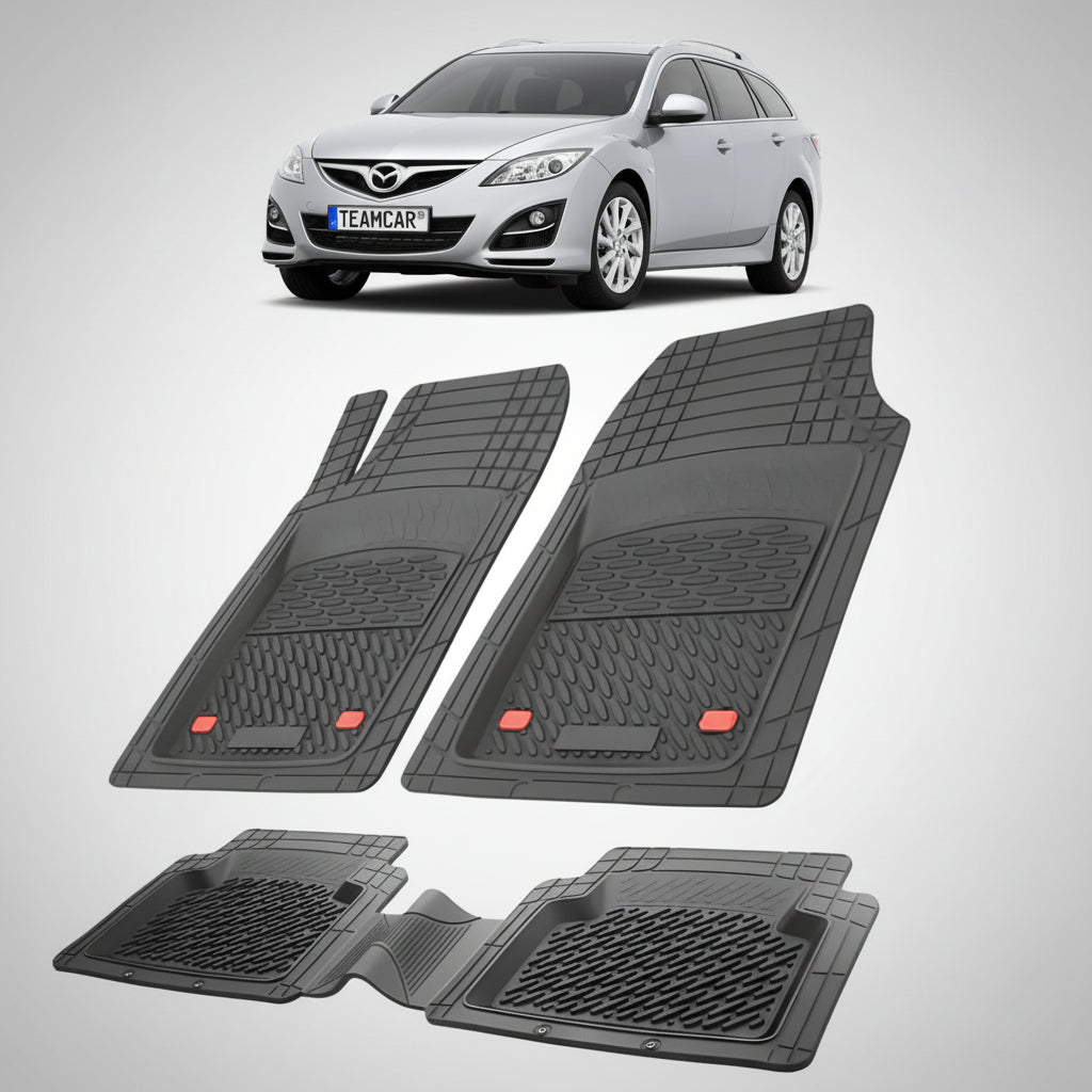 set de covorase din cauciuc negre cu o mazda 6 gh facelift combi argintiu metalizat in fundal