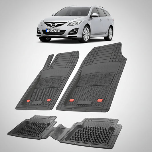 set de covorase din cauciuc negre cu o mazda 6 gh facelift combi argintiu metalizat in fundal