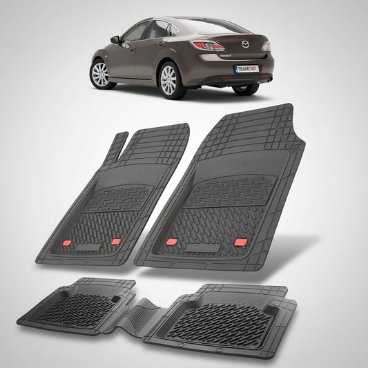 set de covorase din cauciuc negre cu o mazda 6 gh facelift hatchback 5 maro inchis in fundal