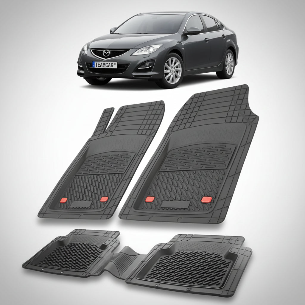 set de covorase din cauciuc negre cu o mazda 6 gh facelift sedan gri inchis metalizat in fundal