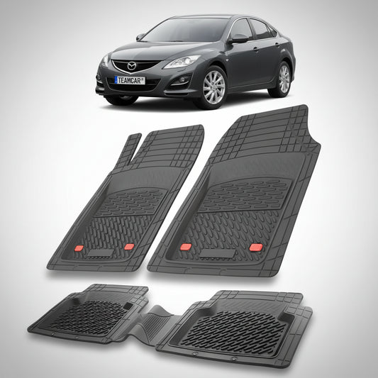 set de covorase din cauciuc negre cu o mazda 6 gh facelift sedan gri inchis metalizat in fundal