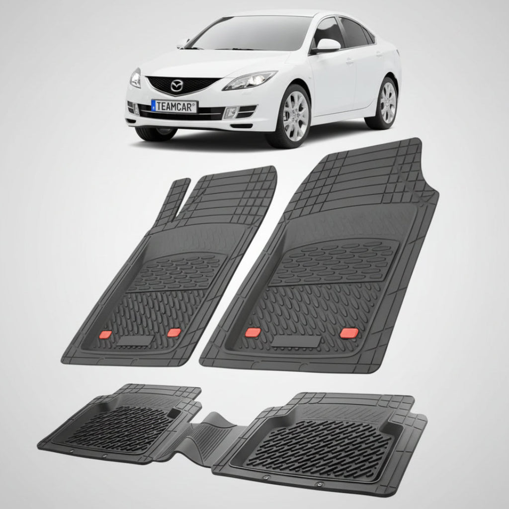 set de covorase din cauciuc negre cu o mazda 6 gh hatchback 5 usi alb in fundal