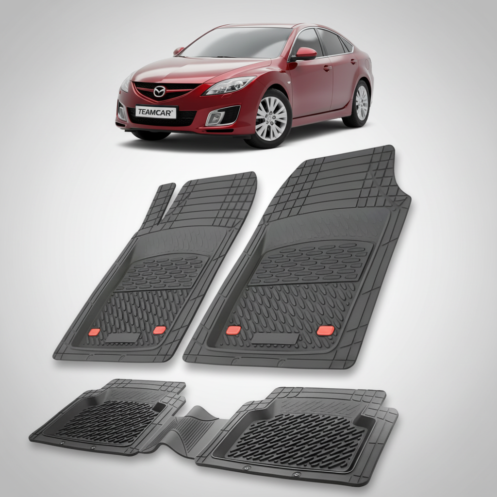 set de covorase din cauciuc negre cu o mazda 6 gh sedan rosu in fundal