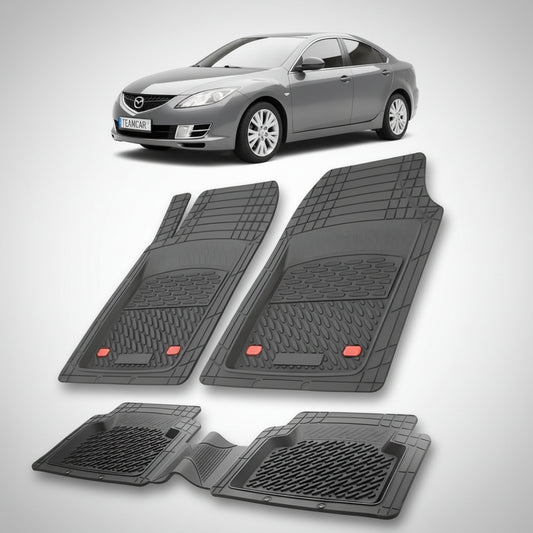 set de covorase din cauciuc negre cu o mazda 6 gh sedan gri inchis in fundal