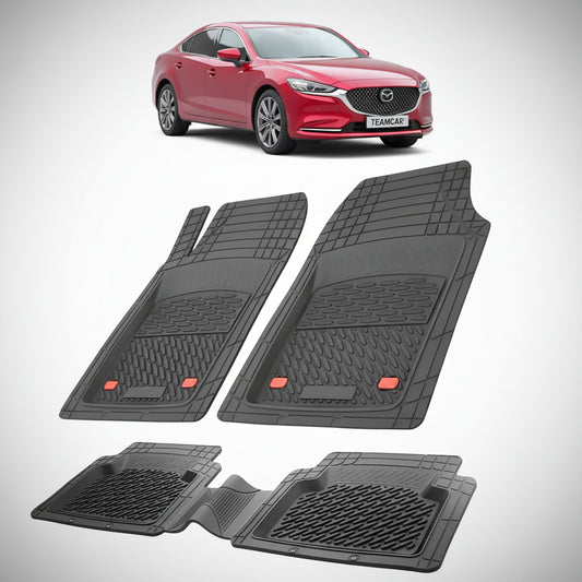 set de covorase din cauciuc negre cu o mazda 6 gl facelift 2 sedan rosie in fundal