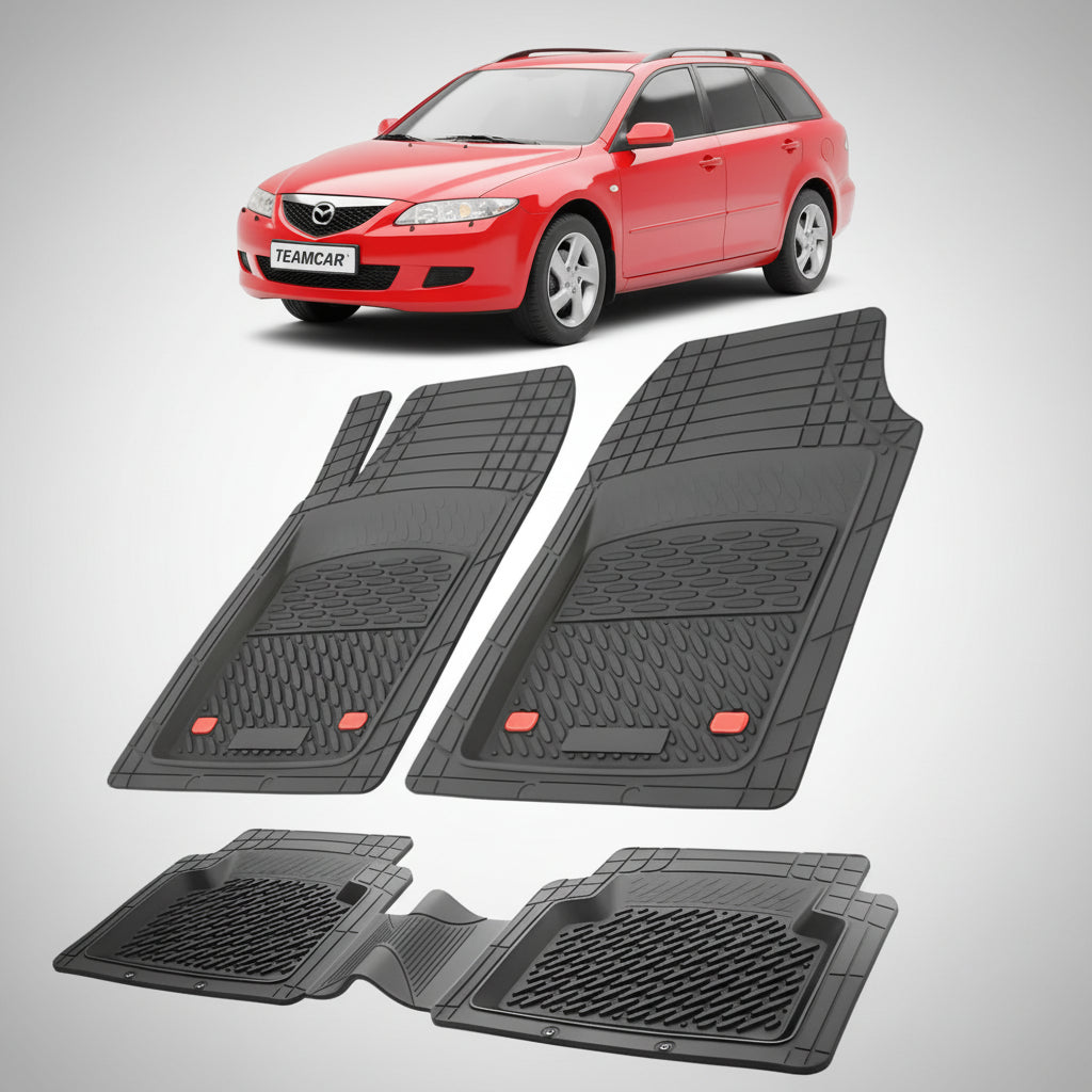 set de covorase din cauciuc negre cu o mazda 6 gy combi rosie in fundal