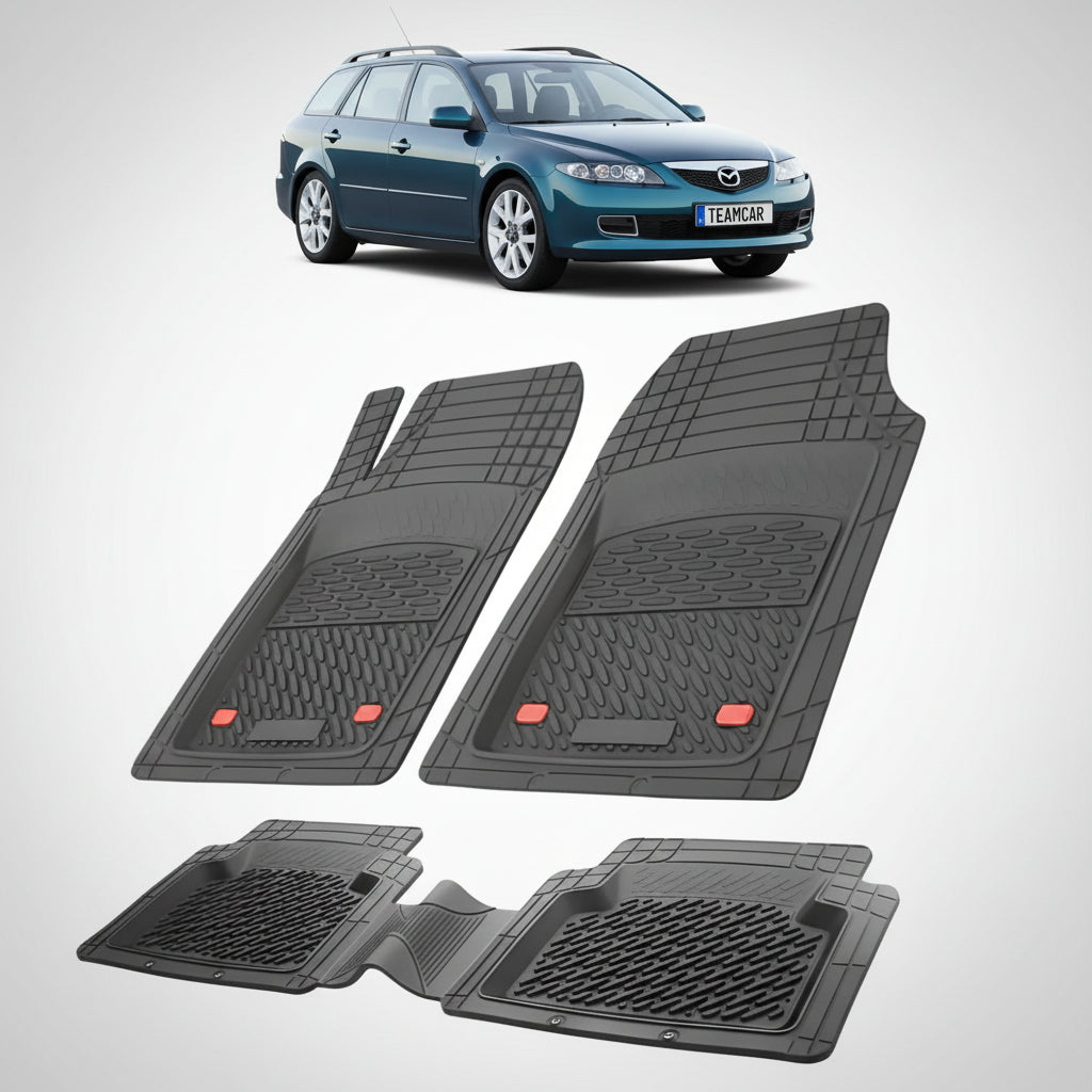 set de covorase din cauciuc negre cu o mazda 6 gy facelift combi albastru inchis in fundal
