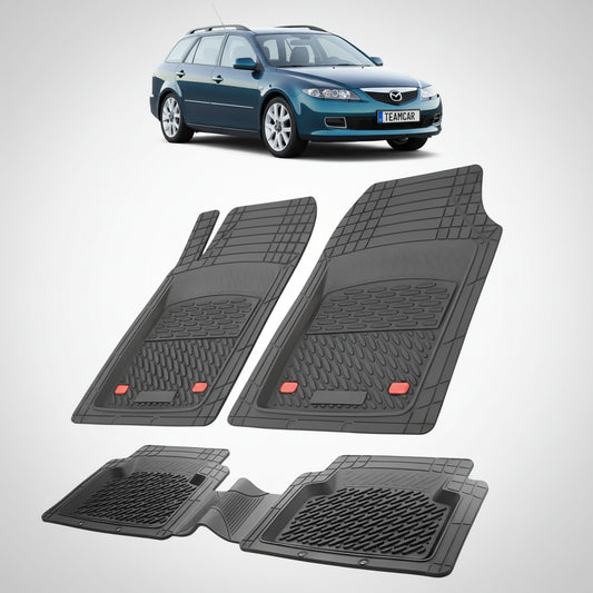 set de covorase din cauciuc negre cu o mazda 6 gy facelift combi albastru inchis in fundal