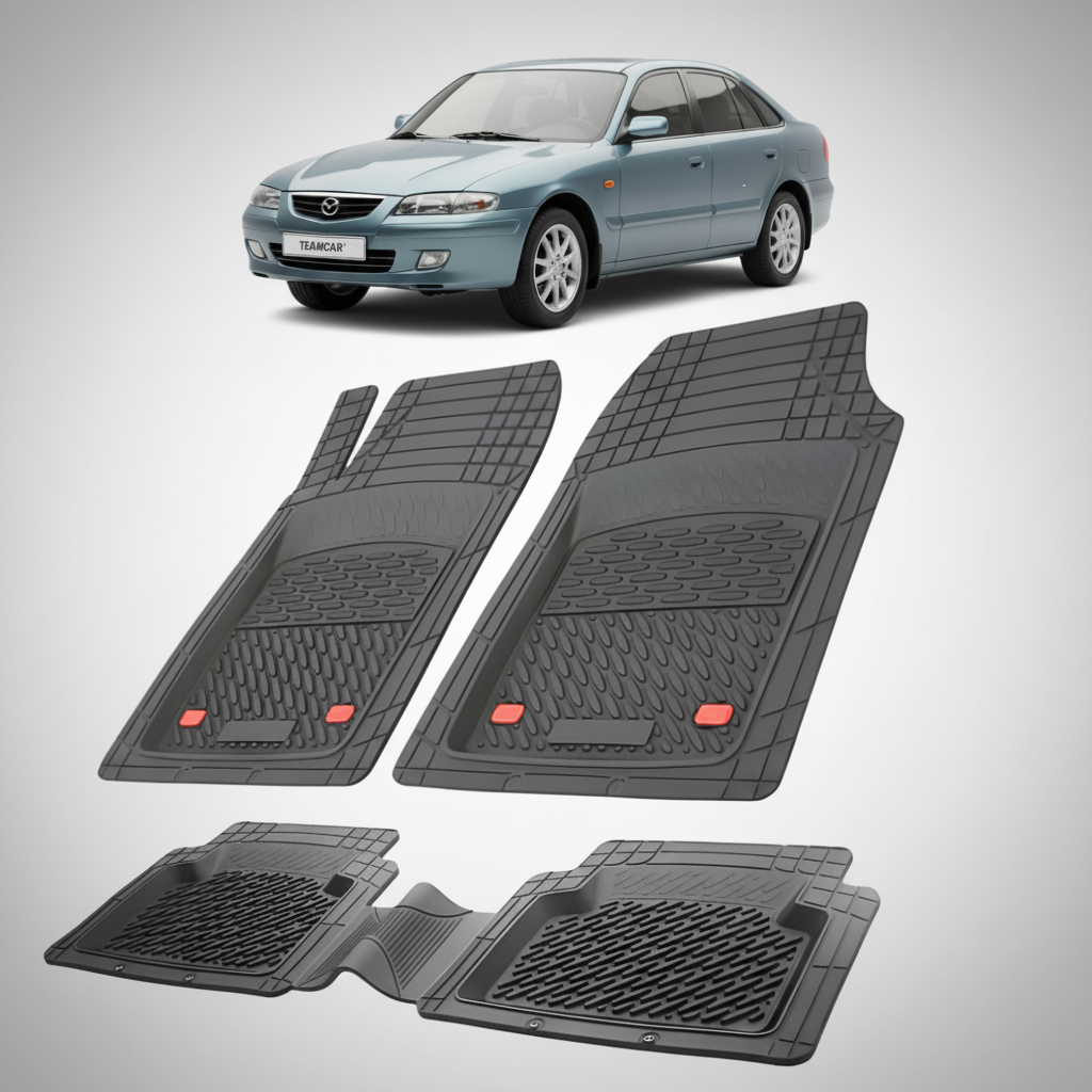 set de covorase din cauciuc negre cu o mazda 626 GF Facelift Hatchback 5 usi albastru-verzui in fundal