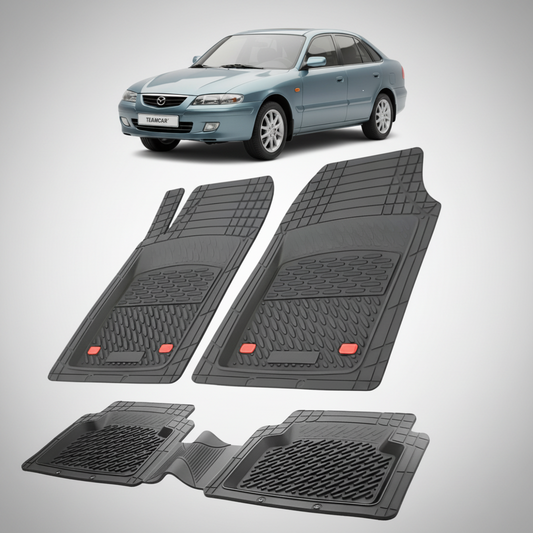 set de covorase din cauciuc negre cu o mazda 626 GF Facelift Hatchback 5 usi albastru-verzui in fundal