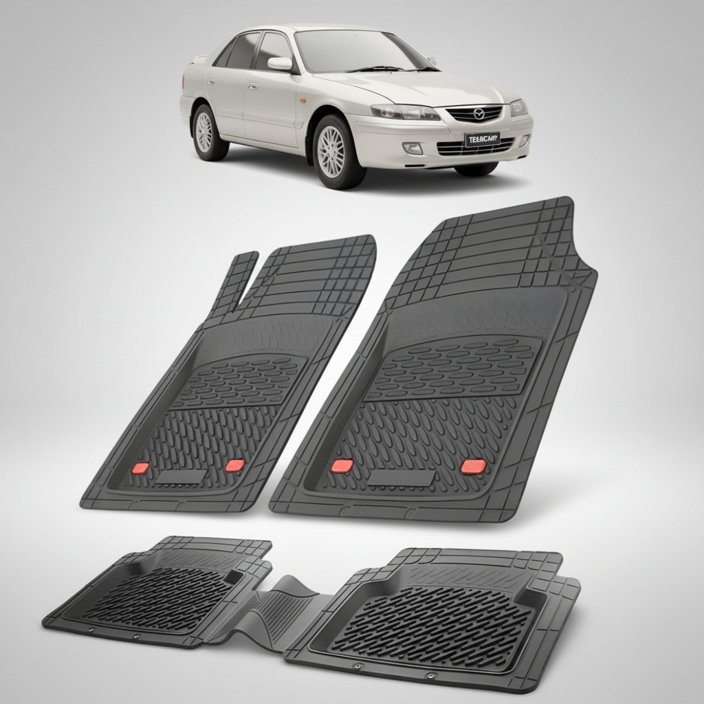 set de covorase din cauciuc negre cu o mazda 626 GF facelift sedan argintie-metalizat in fundal