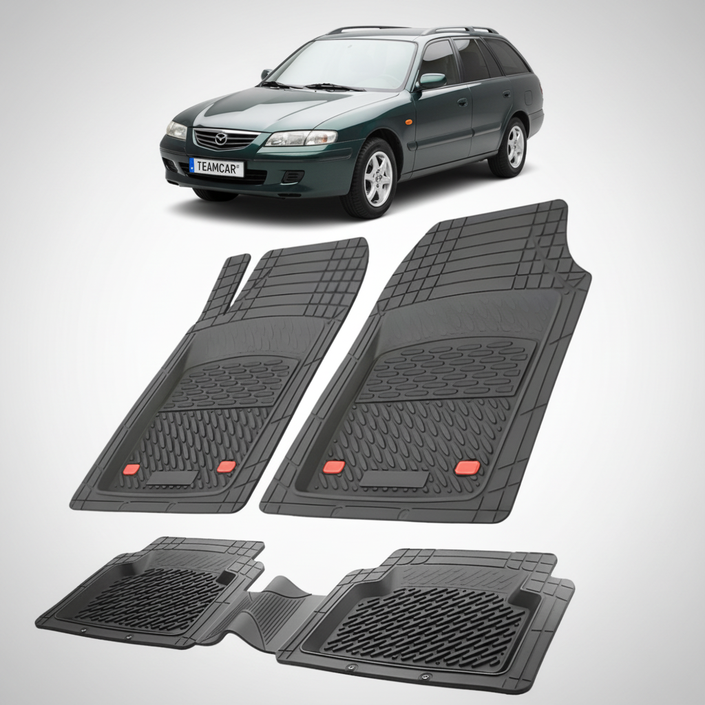 set de covorase din cauciuc negre cu o mazda 626 GW facelift combi verde-inchis in fundal