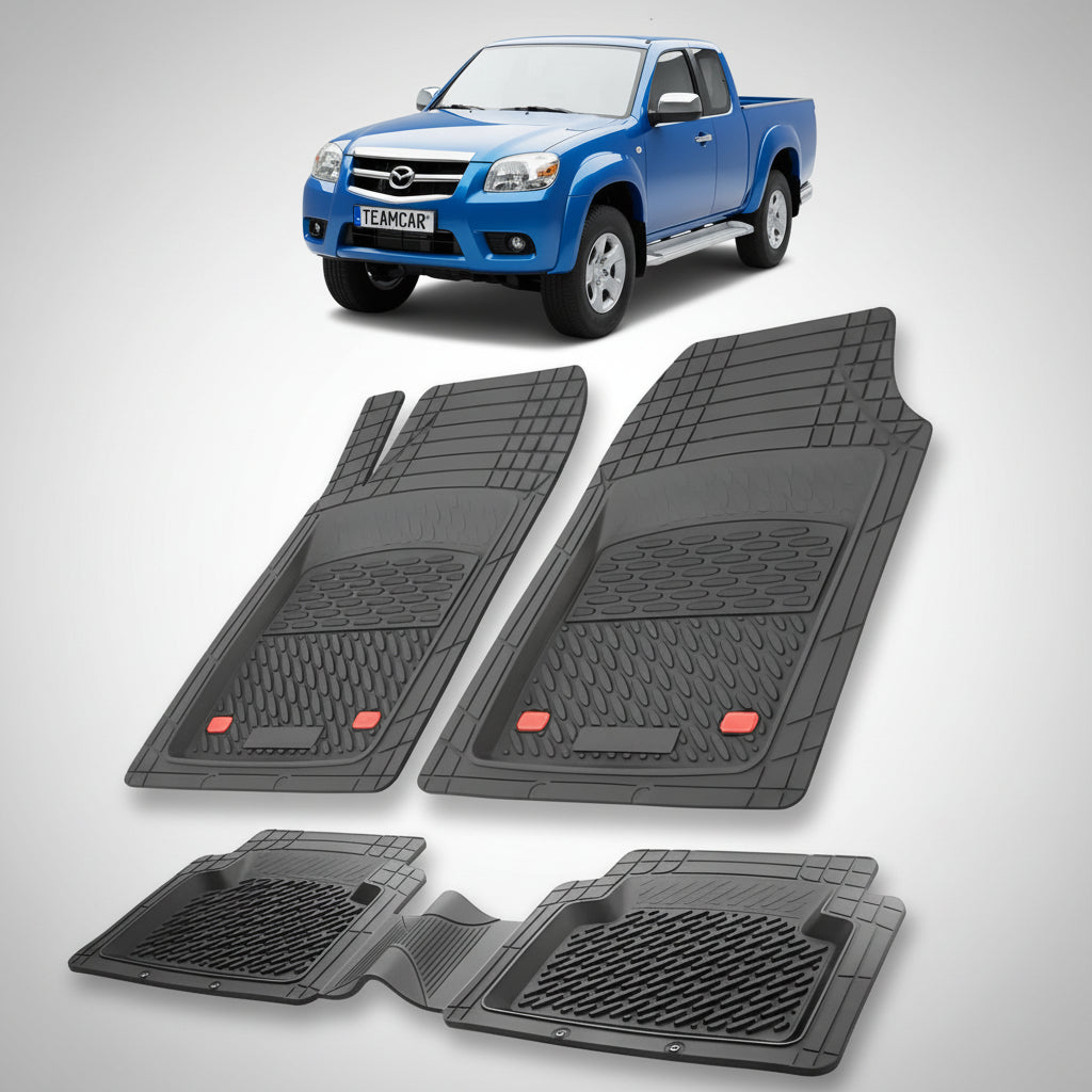 set de covorase din cauciuc negre cu o mazda tb-50 j97 facelift pick-up albastru in fundal