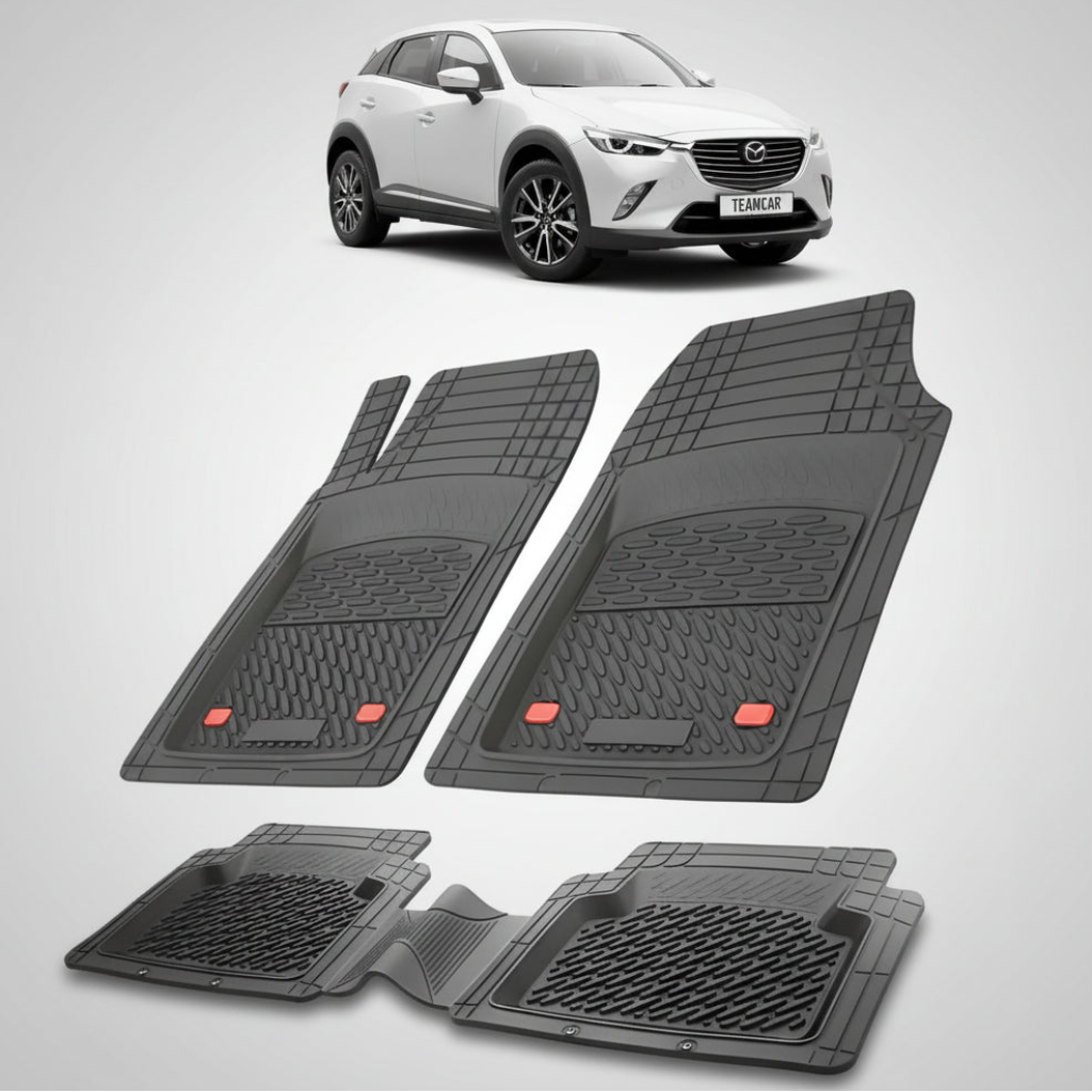 set de covorase din cauciuc negre cu o mazda cx-3 dk facelift suv alba in fundal