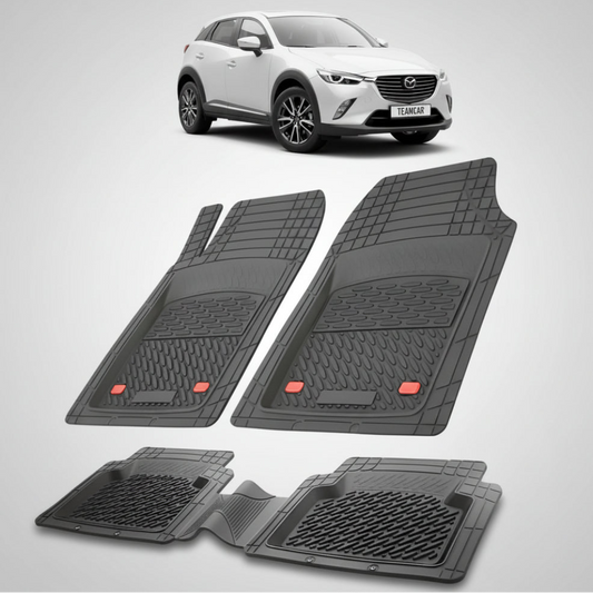 set de covorase din cauciuc negre cu o mazda cx-3 dk facelift suv alba in fundal