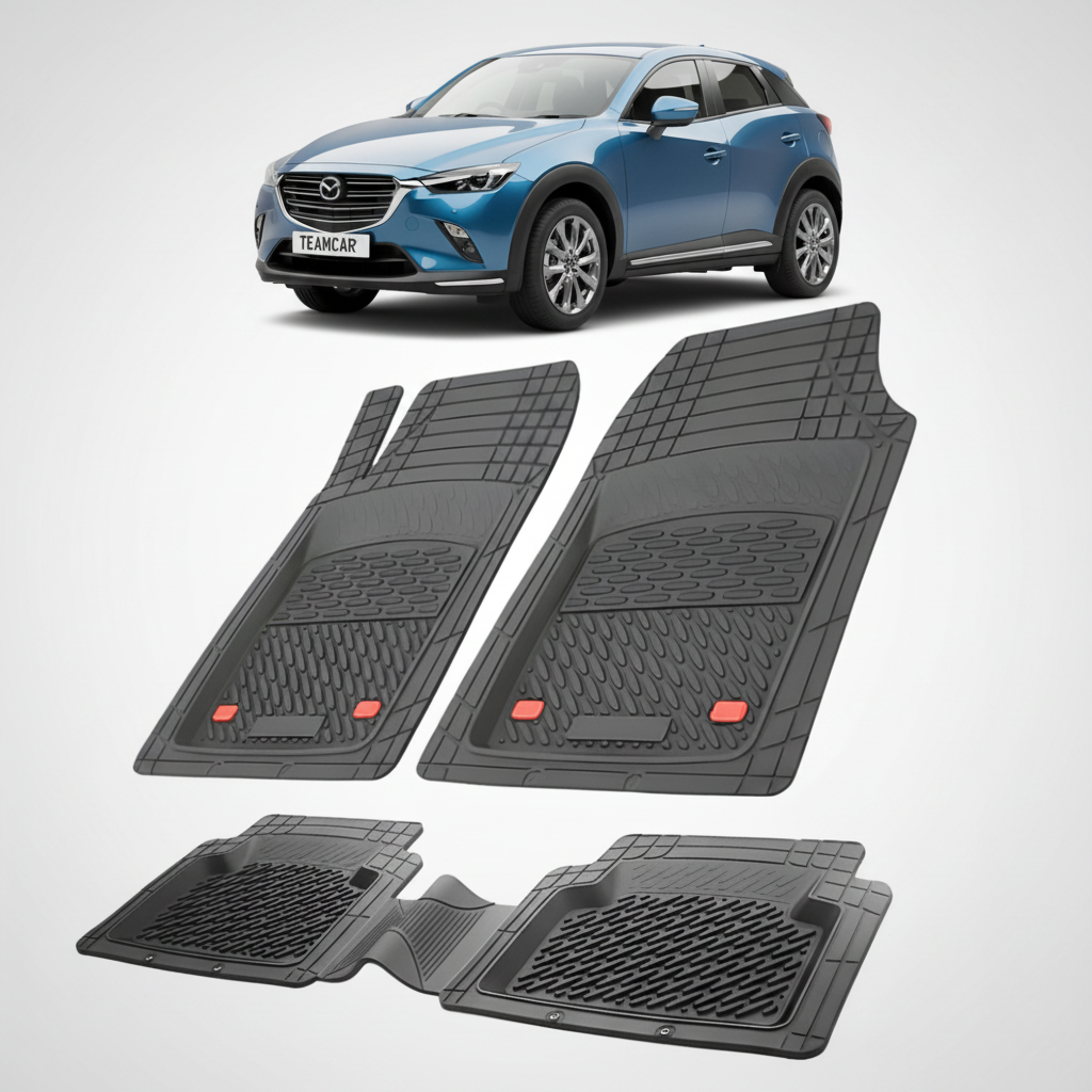 set de covorase din cauciuc negre cu o mazda cx 3 generatia 1 albastra in fundal