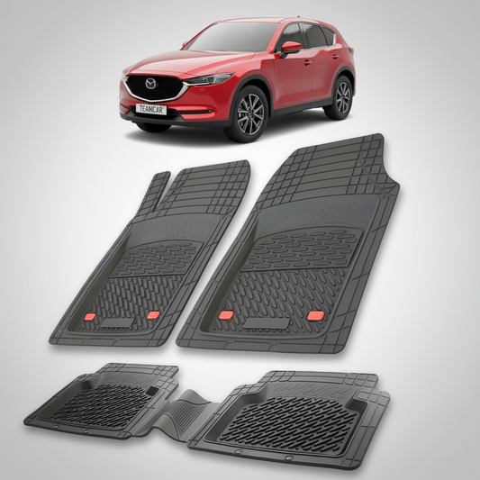 set de covorase din cauciuc negre cu o mazda cx 5 generatia 2 suv rosie in fundal