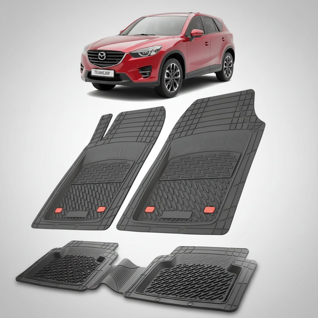 set de covorase din cauciuc negre cu o mazda cx-5 ke facelift suv rosie in fundal