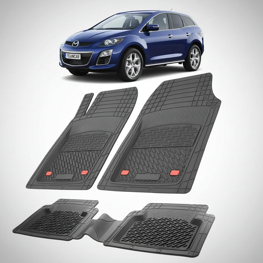set de covorase din cauciuc negre cu o mazda cx-7 er facelift suv albastra in fundal
