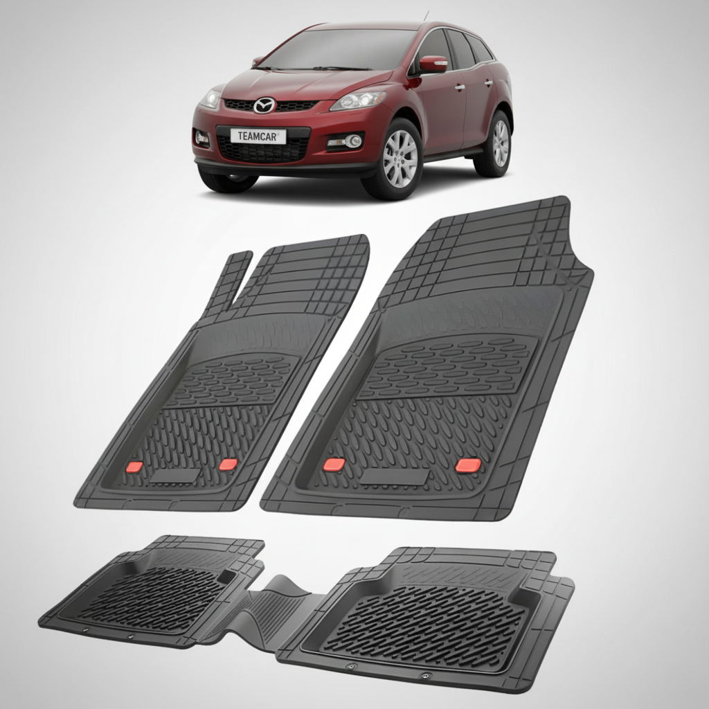set de covorase din cauciuc negre cu o mazda cx 7 generatia 1 suv rosie in fundal
