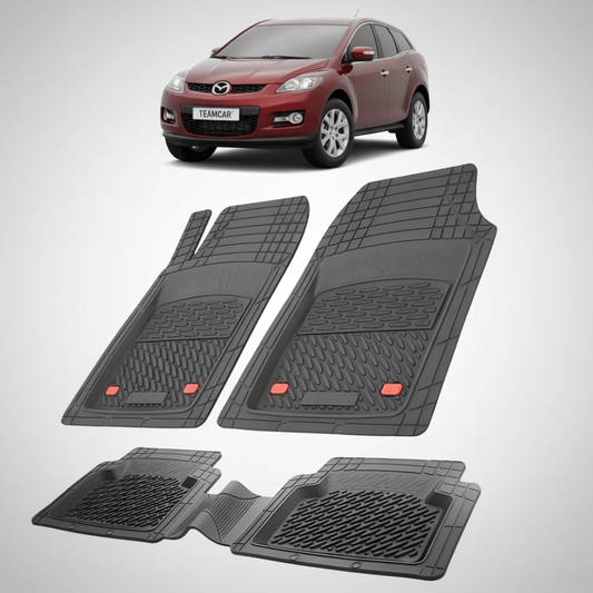 set de covorase din cauciuc negre cu o mazda cx 7 generatia 1 suv rosie in fundal