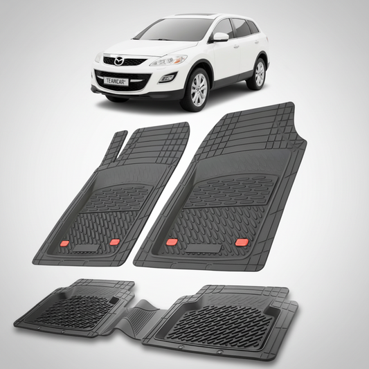 set de covorase din cauciuc negre cu o mazda cx 9 generatia 1 alba in fundal
