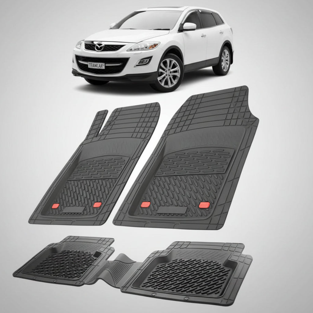 set de covorase din cauciuc negre cu o mazda cx-9 tb suv alba in fundal