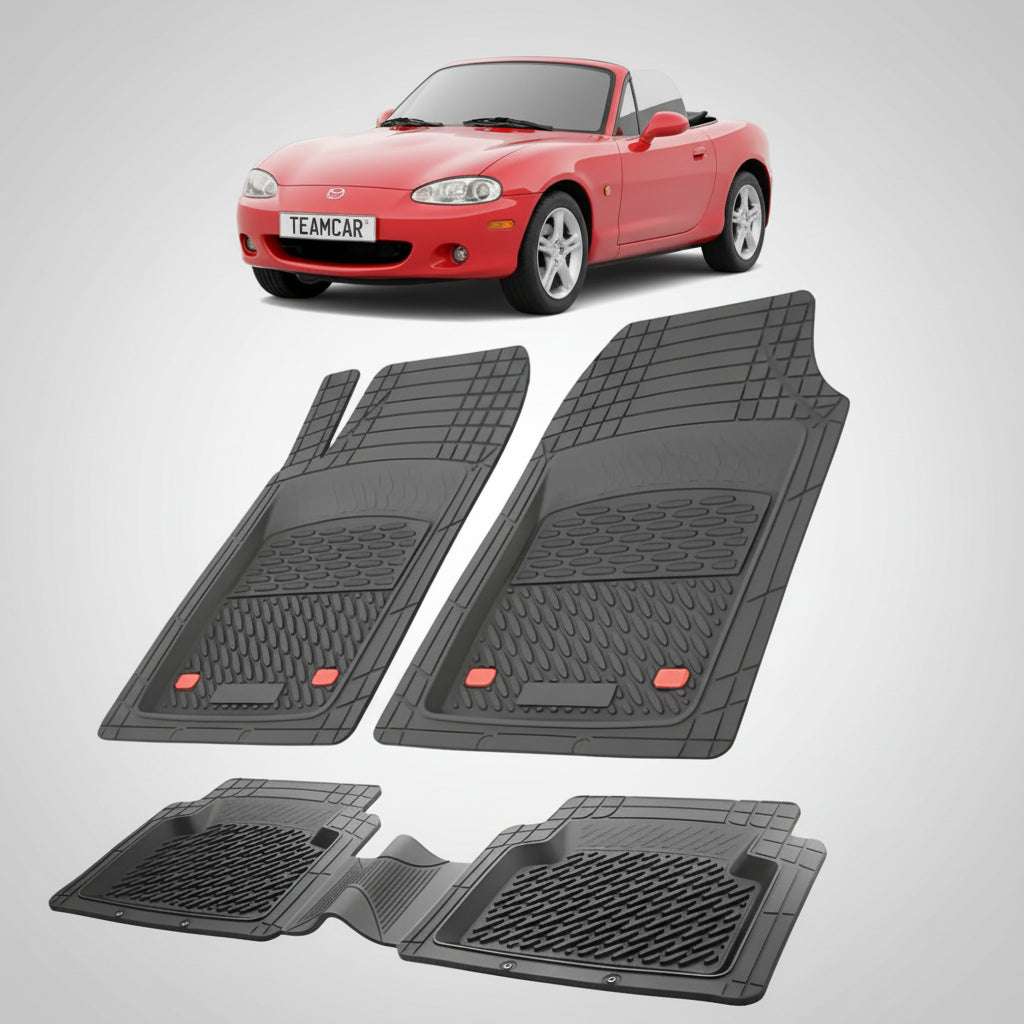 set de covorase din cauciuc negre cu o mazda mx-5 nb facelift roadster rosie in fundal