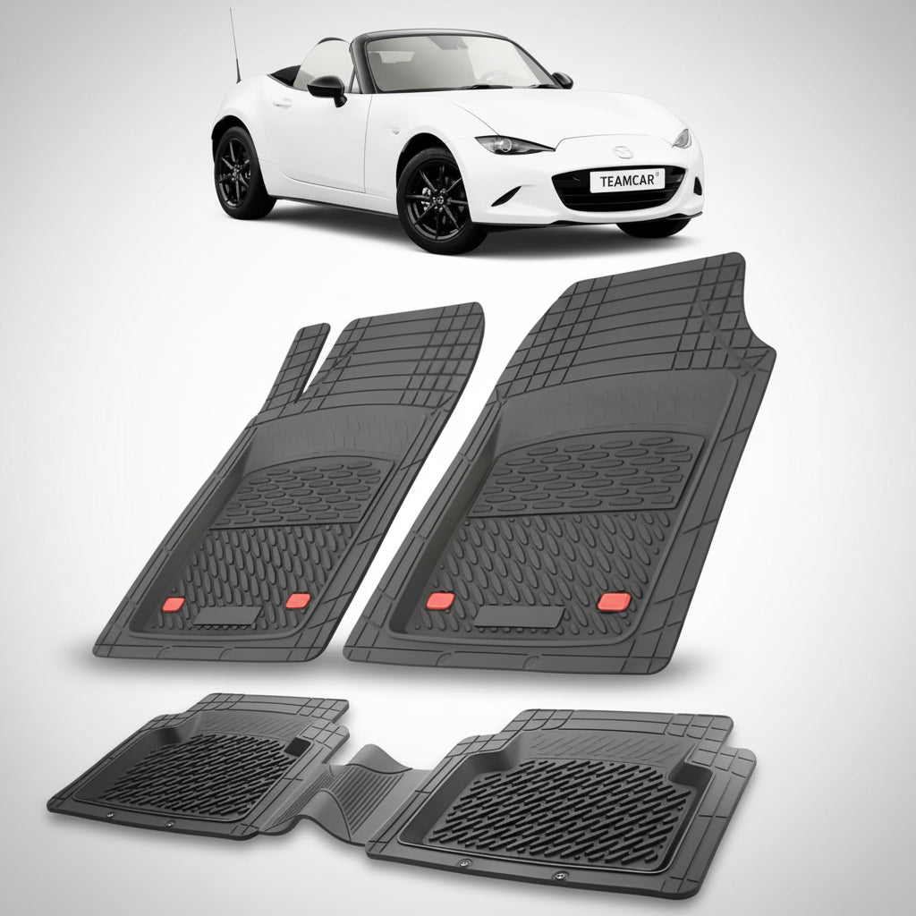 set de covorase din cauciuc negre cu o mazda mx-5 nd soft top alba in fundal