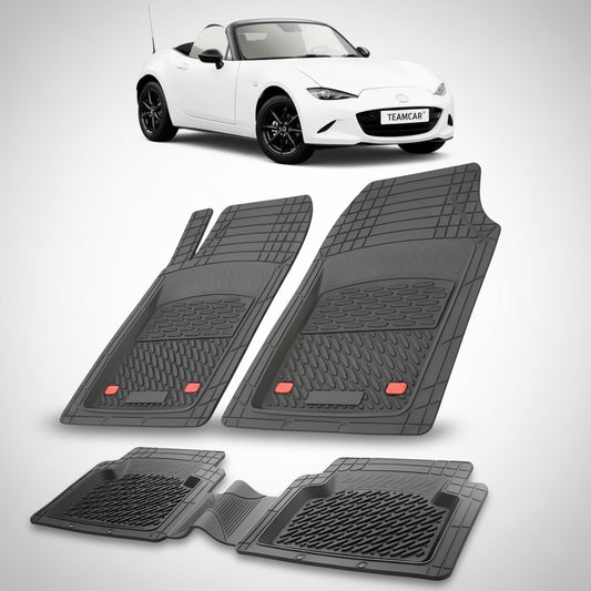 set de covorase din cauciuc negre cu o mazda mx-5 nd soft top alba in fundal