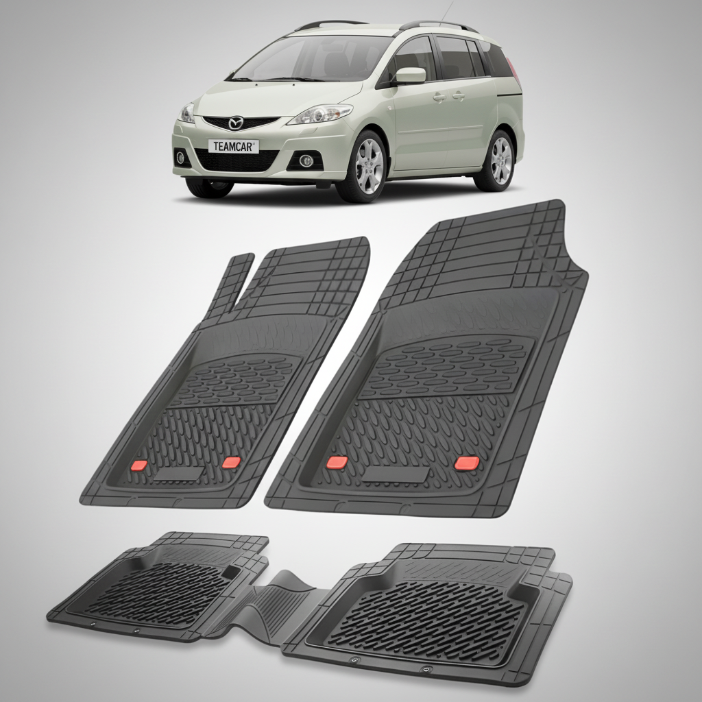 set de covorase din cauciuc negre cu o mazda premacy ii bej in fundal