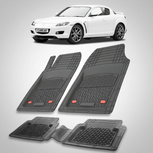 set de covorase din cauciuc negre cu o mazda rx-8 I alba in fundal