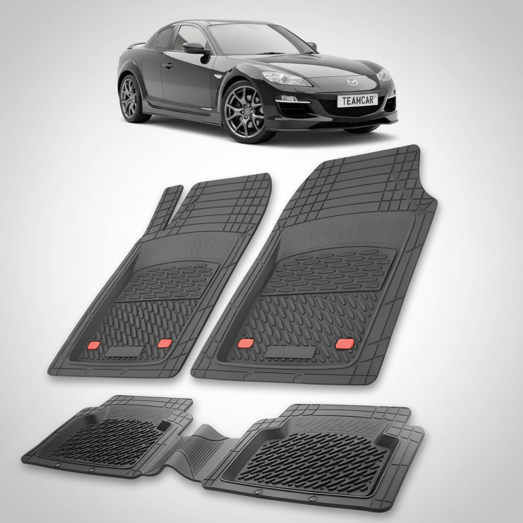 set de covorase din cauciuc negre cu o mazda rx-8 se facelift coupe neagra in fundal