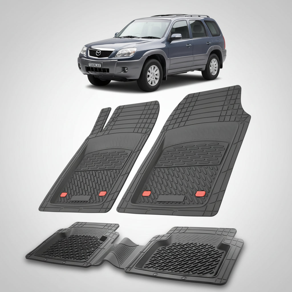 set de covorase din cauciuc negre cu o mazda tribute ep facelift suv albastru-gri inchis metalizat in fundal