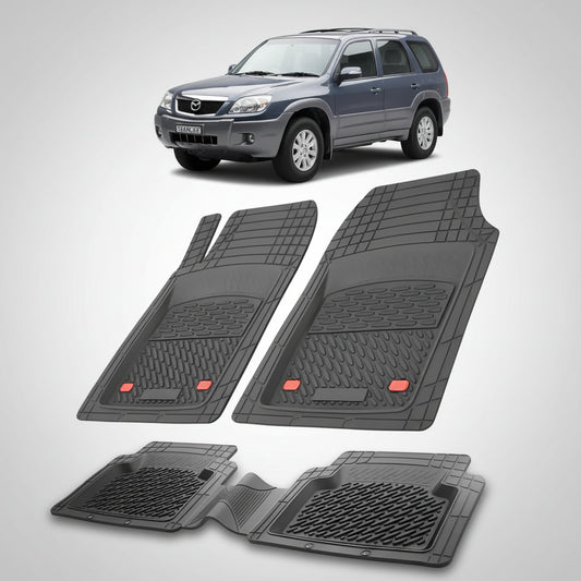 set de covorase din cauciuc negre cu o mazda tribute ep facelift suv albastru-gri inchis metalizat in fundal