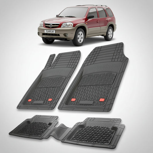set de covorase din cauciuc negre cu o mazda tribute ep suv rosu in fundal