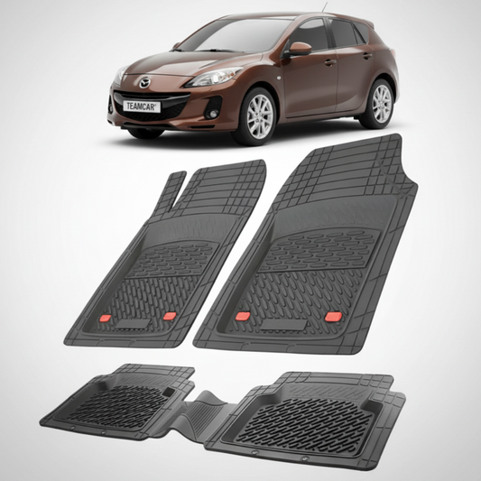 set de covorase din cauciuc negre cu o mazda 3 bl hatchback maro in fundal