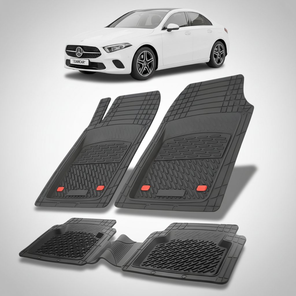 Set of black car mats with a white car in the background