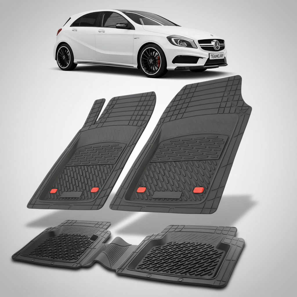 Set of black car floor mats with a white car in the background