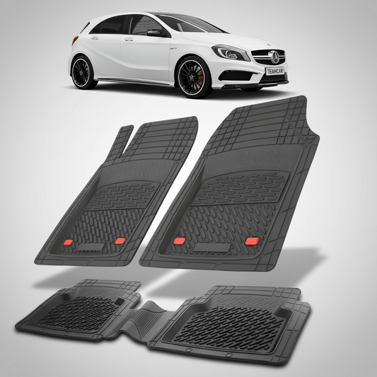 Set of black car floor mats with a white car in the background