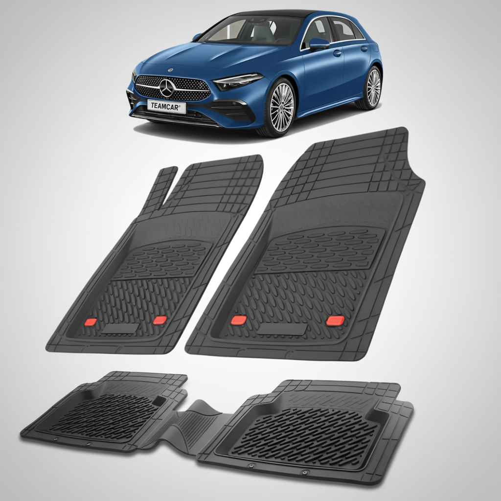 Set of black car mats with a blue Mercedes-Benz car in the background
