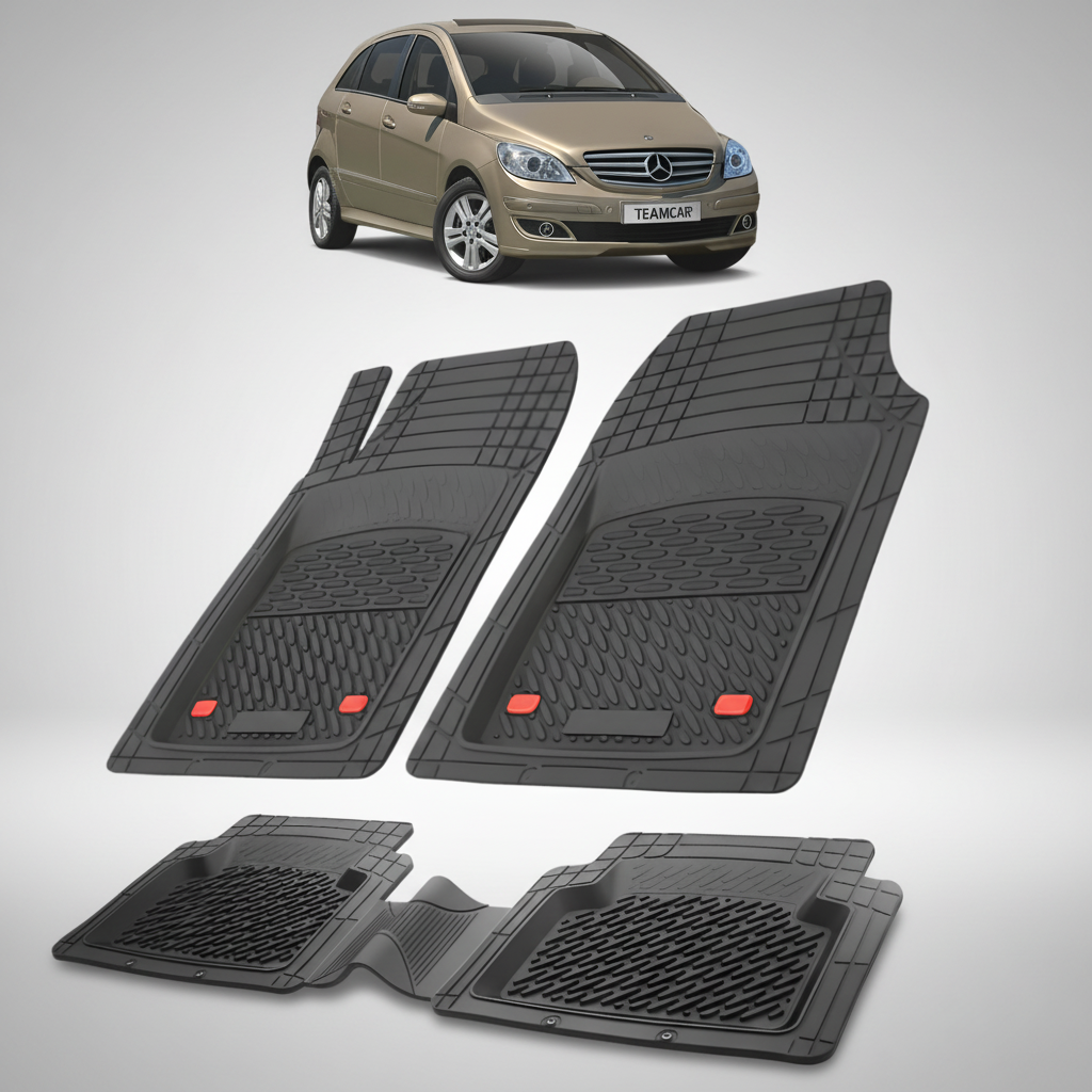 Set of black car floor mats with a small car model above on a white background