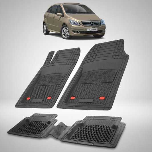 Set of black car floor mats with a small car model above on a white background